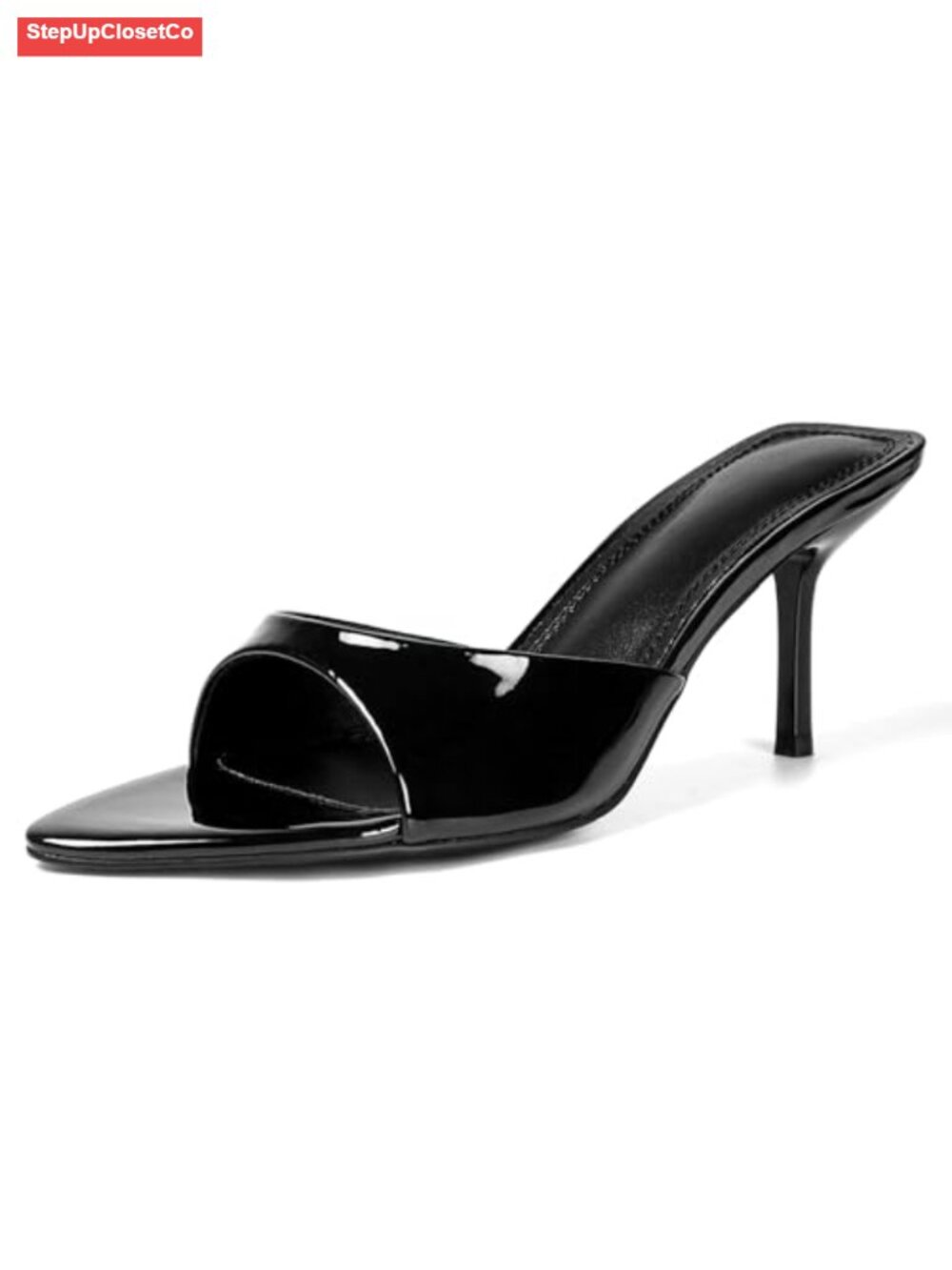Kitten Heels Pointed Open Toe Mule Heeled Sandals Faux Leather Slip On